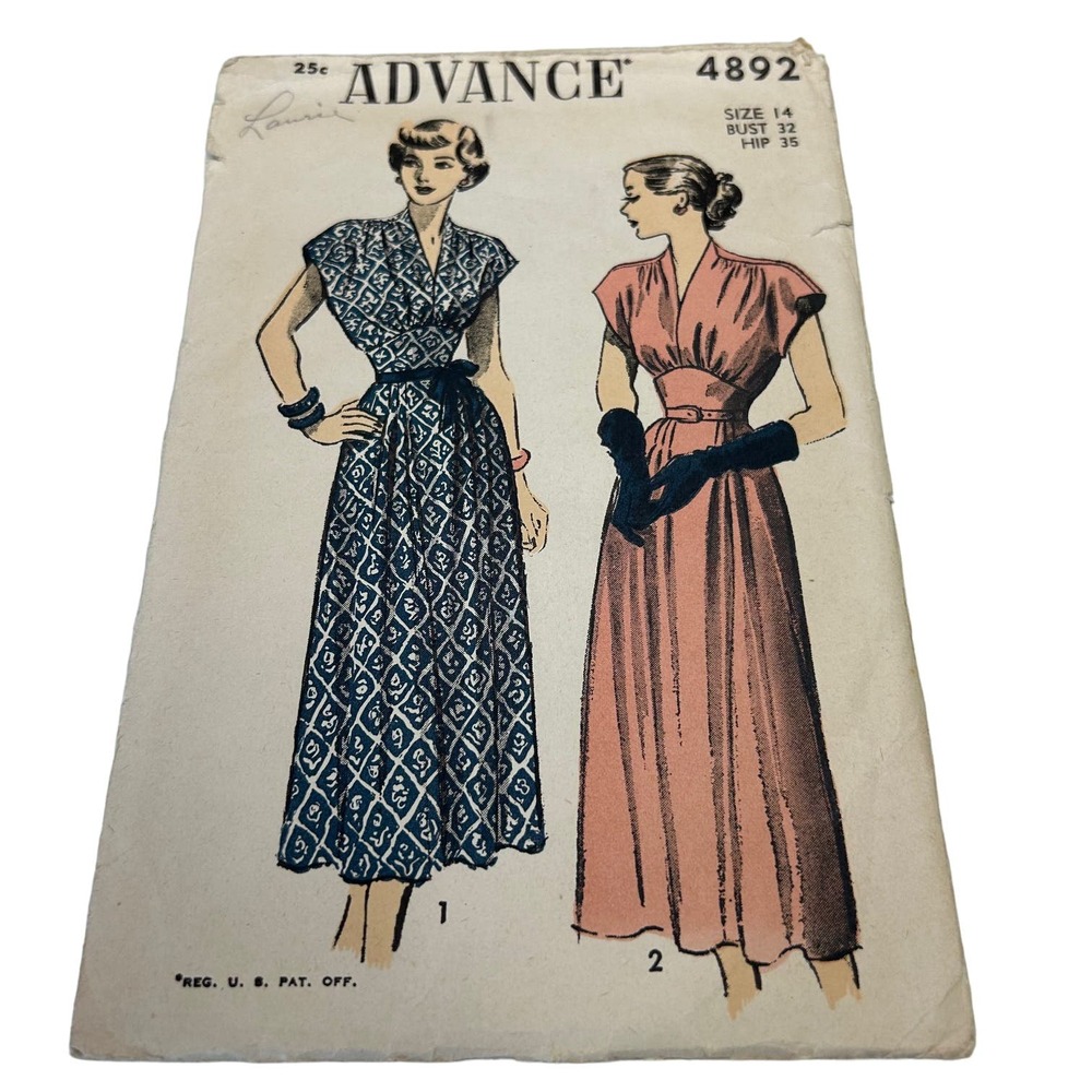Advance Antique 1940's Pattern‎ #4892 Women's Cap Sleeve Dress Size 14